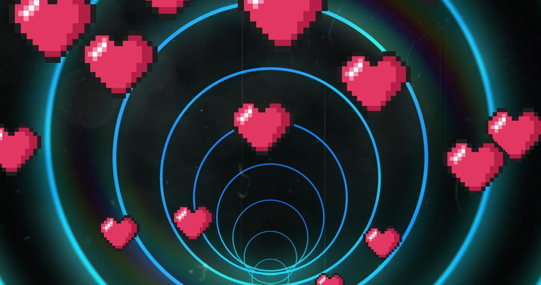 Pixel Hearts Spiraling Over Futuristic Digital Interface