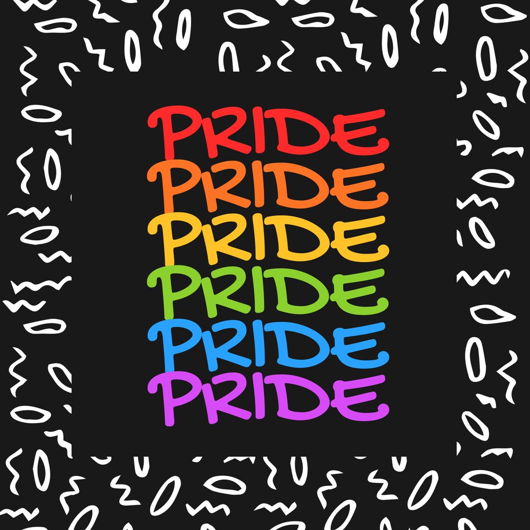 Colorful Pride Text on Bold Black Abstract Background