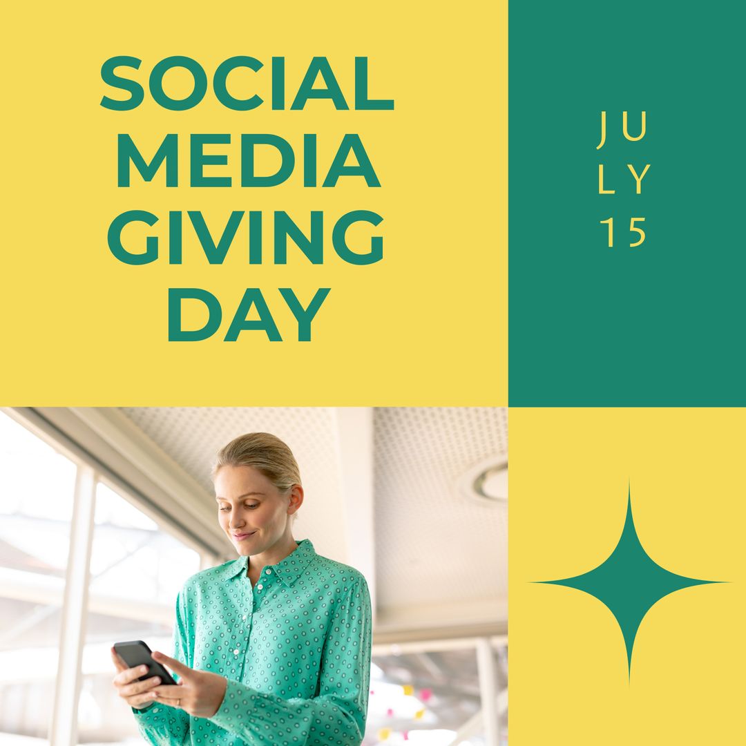 Announcement for Social Media Giving Day on July 15 with Woman Using Smartphone - Download Free Stock Templates Pikwizard.com