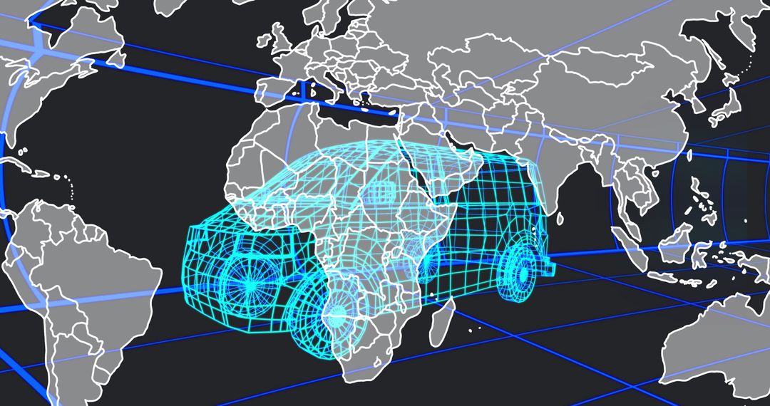 Futuristic Wireframe SUV Over Digital World Map