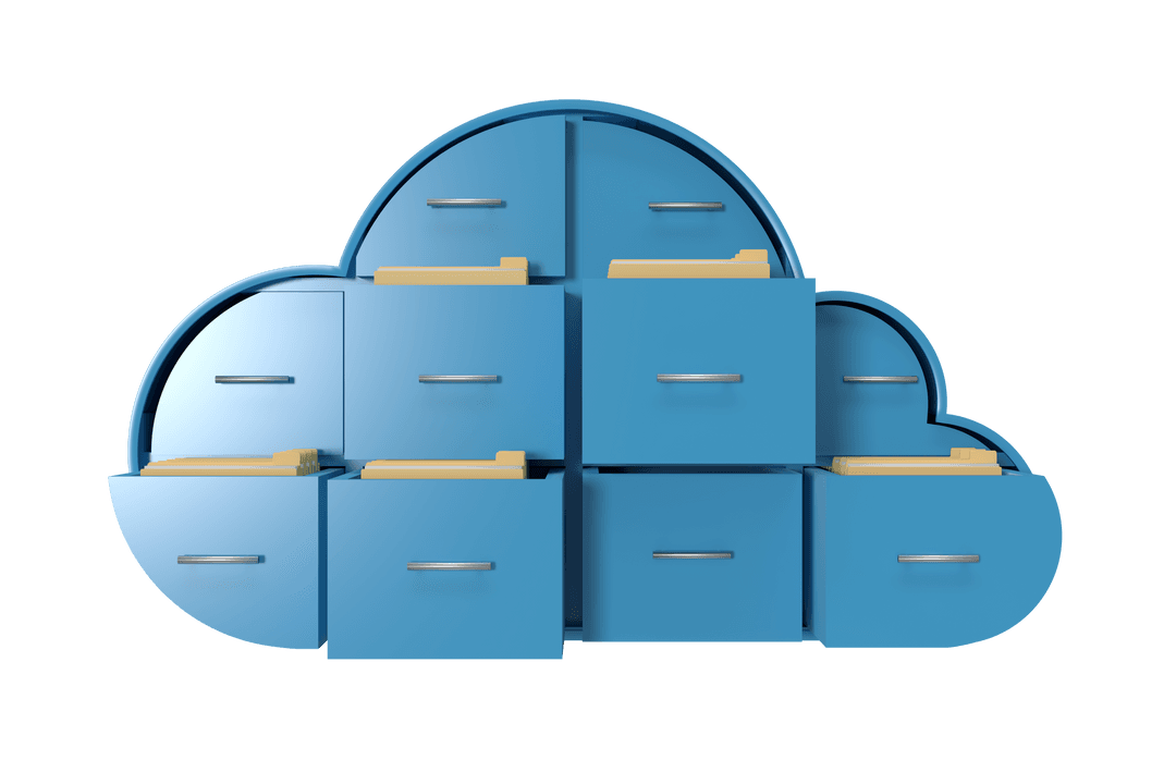 Innovative Cloud Storage with Blue Drawers and Hanging Folders Transparent Design