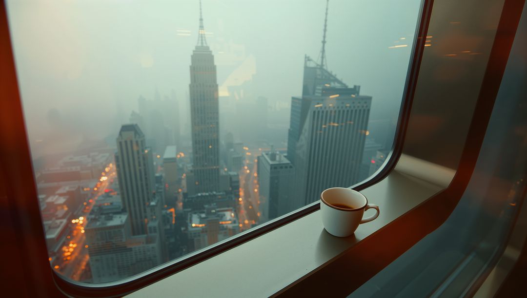 Morning Coffee with Foggy Skyline from High-Rise Building