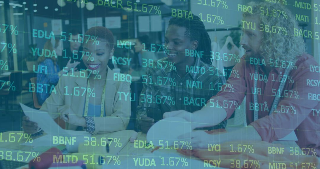 Diverse Team Collaborating on Blueprints with Data Overlay