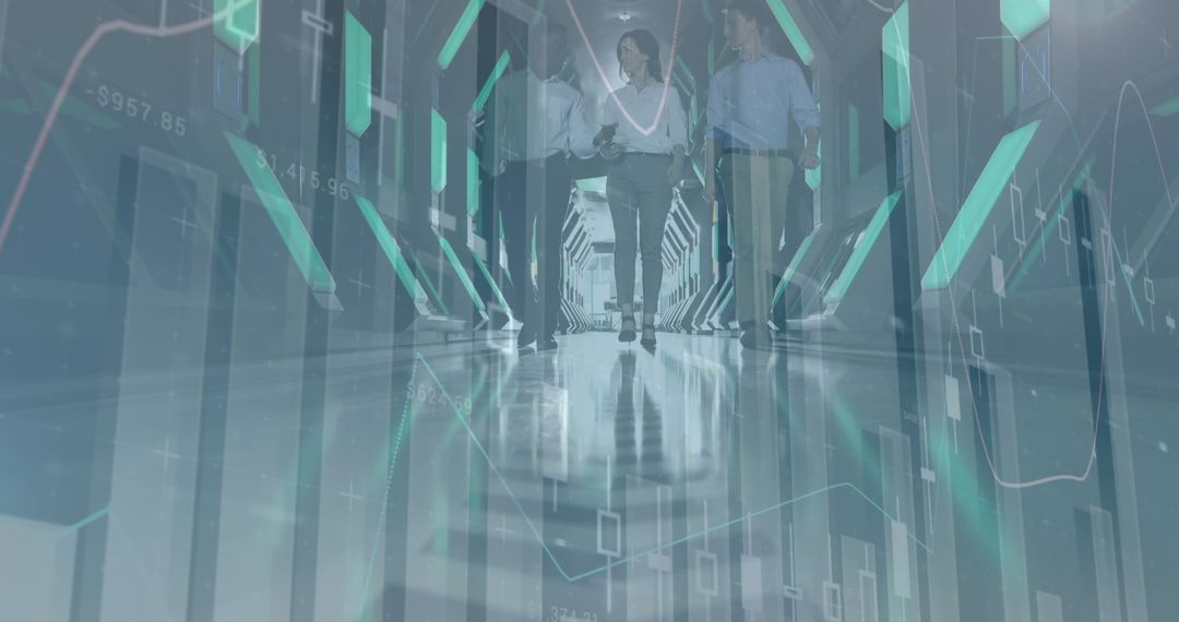 Diverse Business Team Surrounded by Digital Financial Data in Modern Office