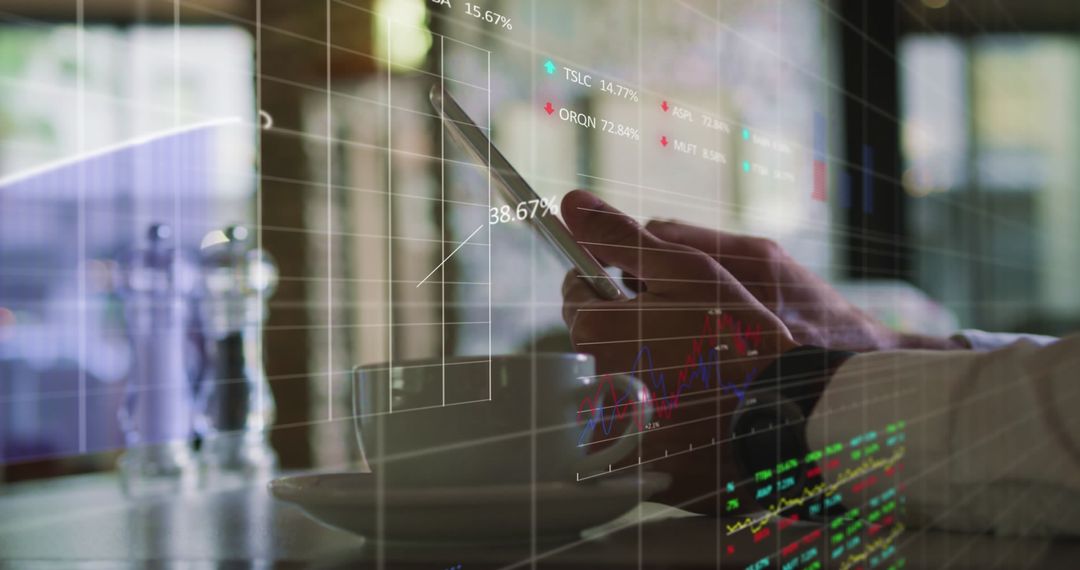 Man Analyzing Stock Market Data on Digital Tablet at Café