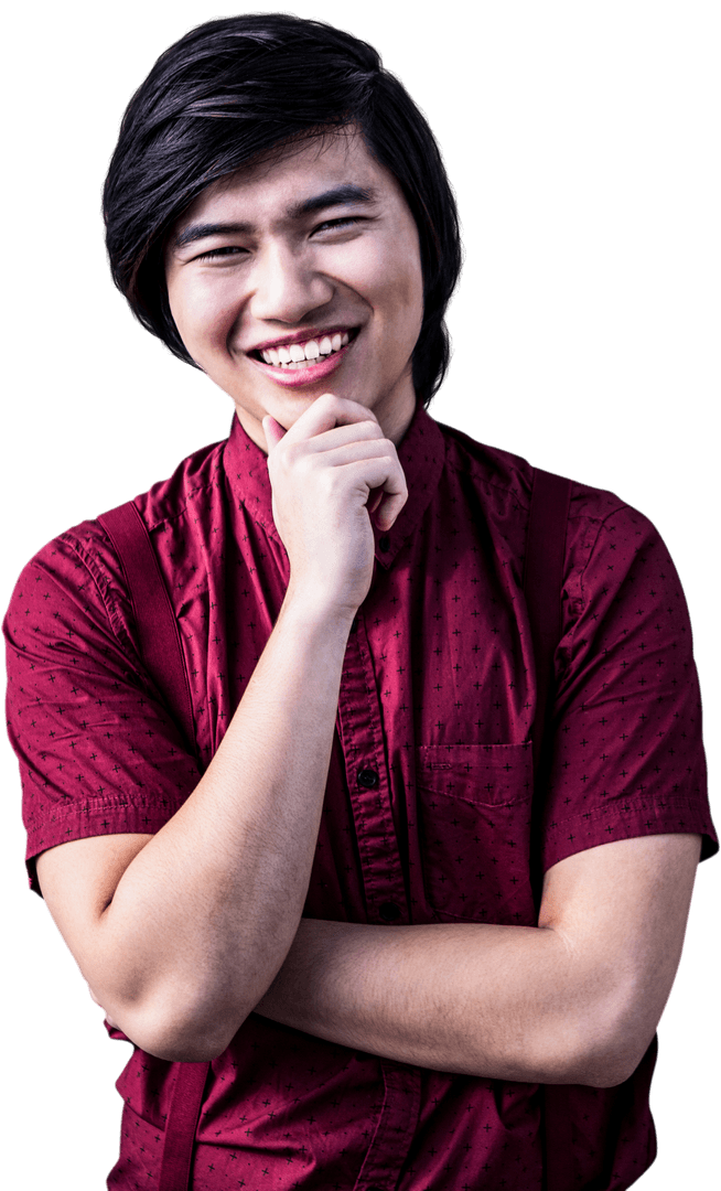 Transparent Smiling Young Man in Stylish Outfit Chin Pose