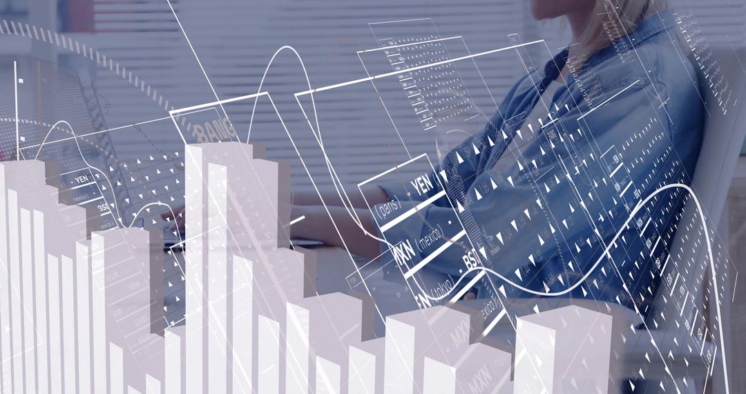 Businesswoman Analyzing Financial Charts with Floating 3D Graphs, Data Panels and Laptop