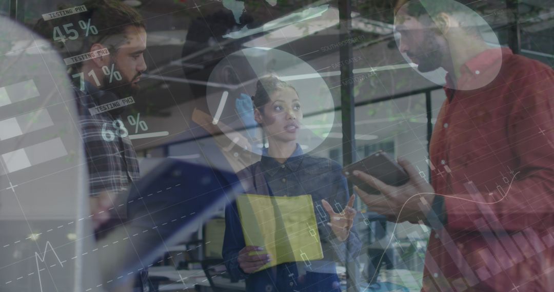 Colleagues Analyzing Data with Digital Overlay in Warehouse