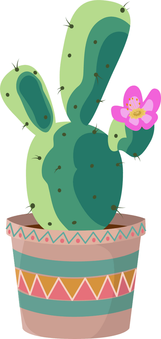 Flat Design Green Cactus with Flower on Transparent Background