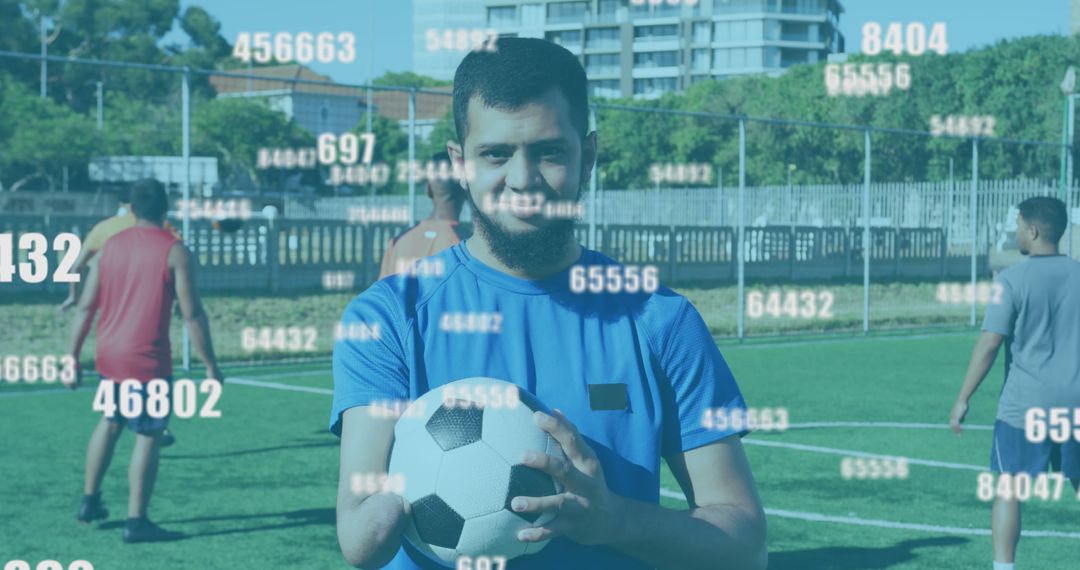 Biracial Soccer Team Practicing on Field with Digital Overlay