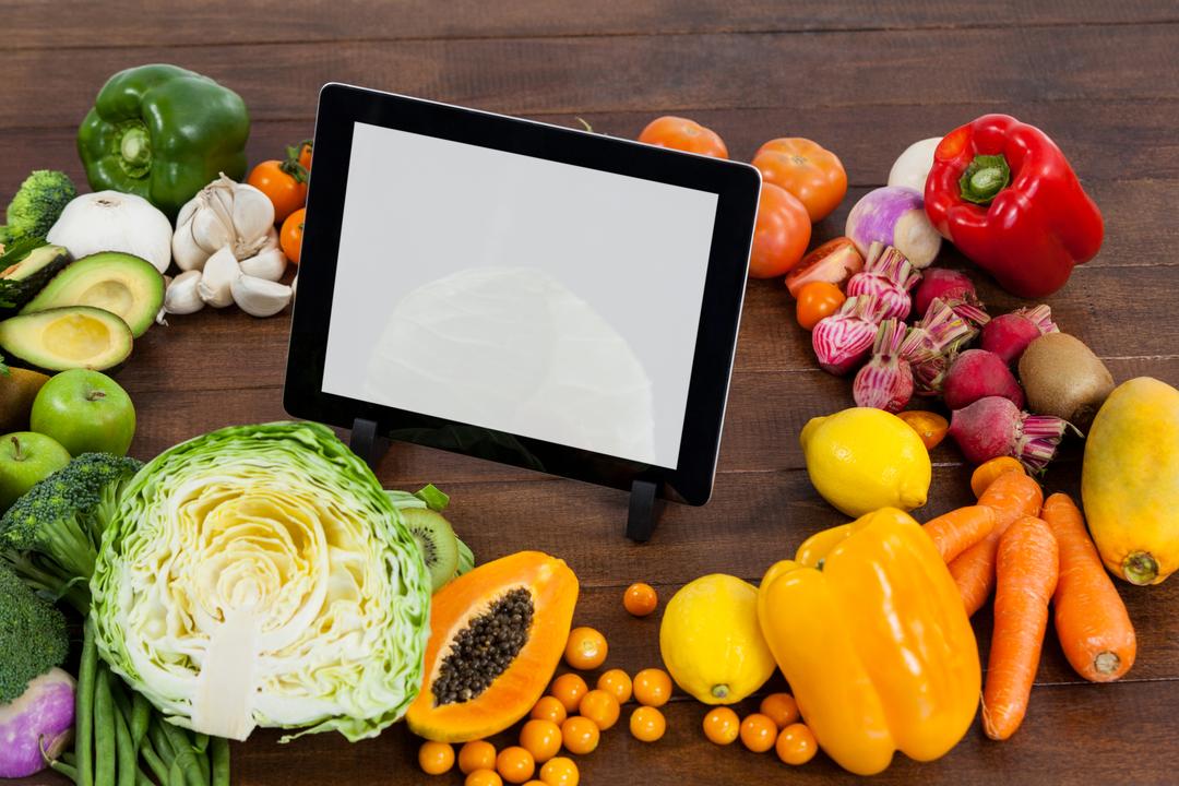Digital Tablet Surrounded by Fresh Vegetables and Fruits on Wooden Table - Free Images, Stock Photos and Pictures on Pikwizard.com
