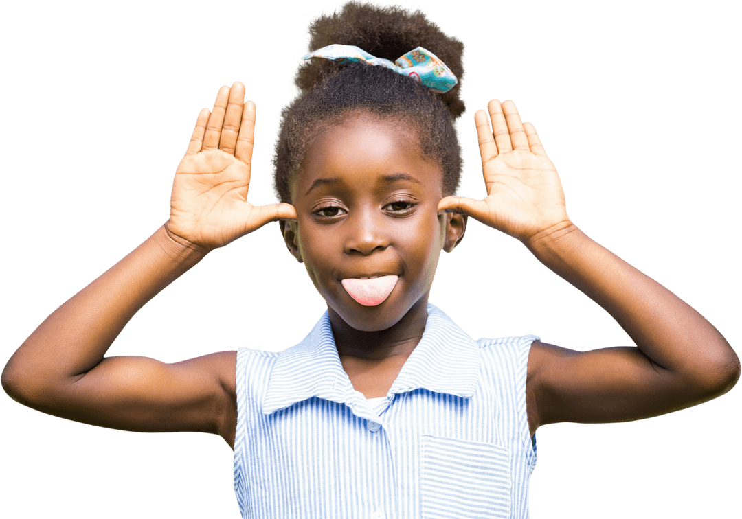 Cheerful Girl Teasing with Tongue Out and Hands on Ears Transparent