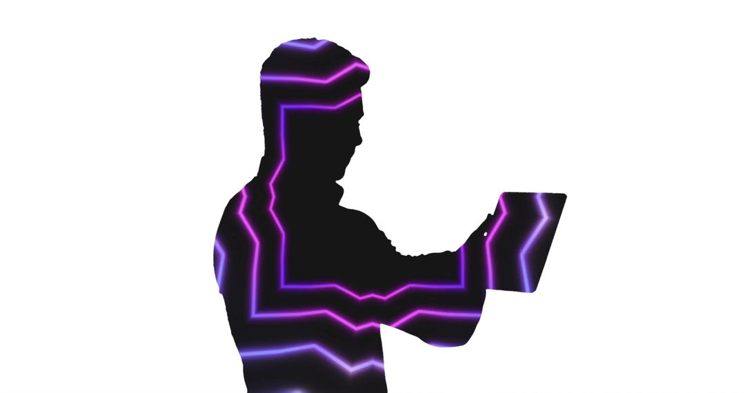 Silhouette of Person With Neon Light Patterns Using Tablet