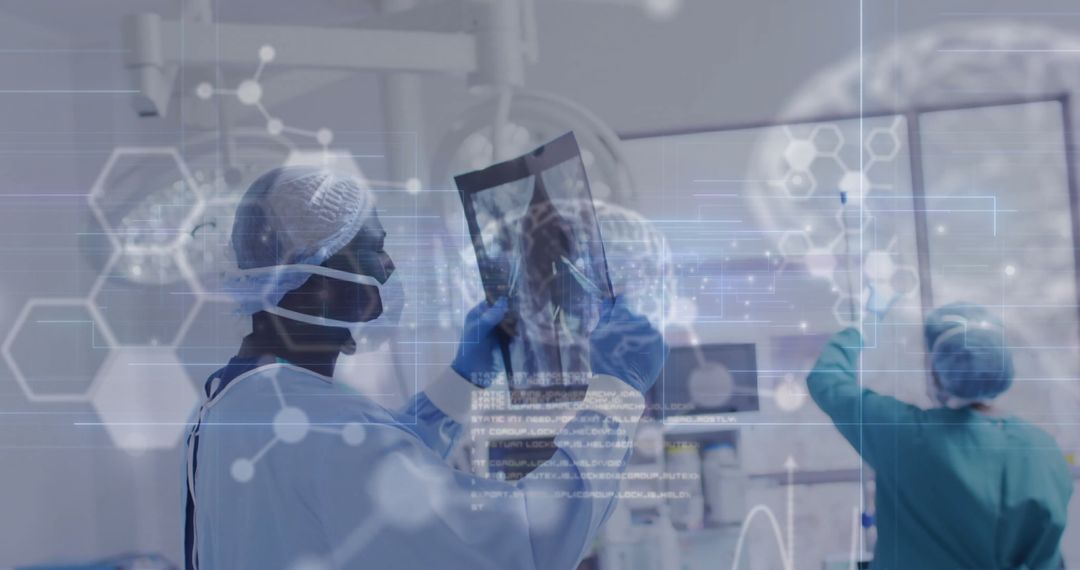 Surgeons Analyzing Complex Medical Data in High-Tech Hospital