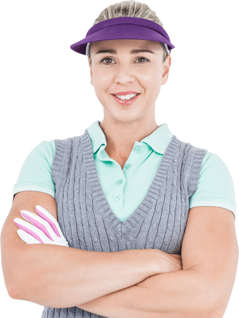 Confident Female Golfer in Purple Visor on Transparent Background