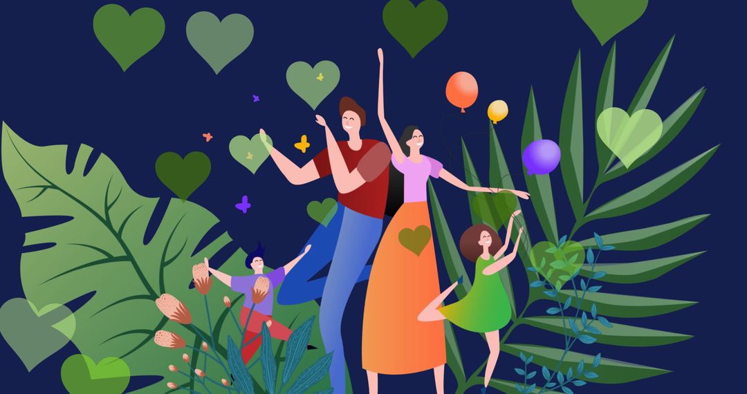 Joyful family celebration amidst nature icons