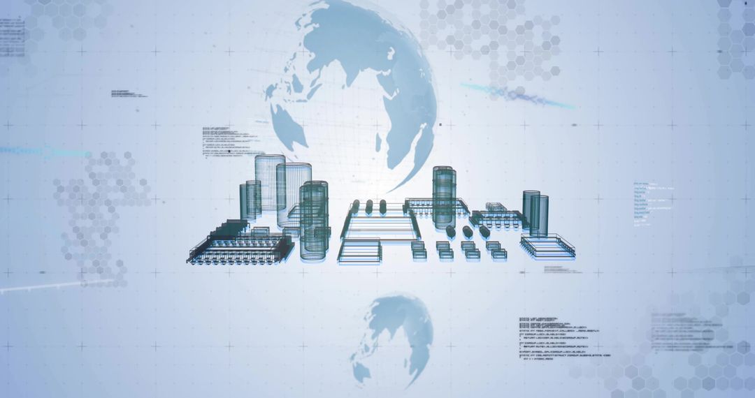 Floating 3D Industrial Complex Wireframe Over Global Tech Grid Blueprint
