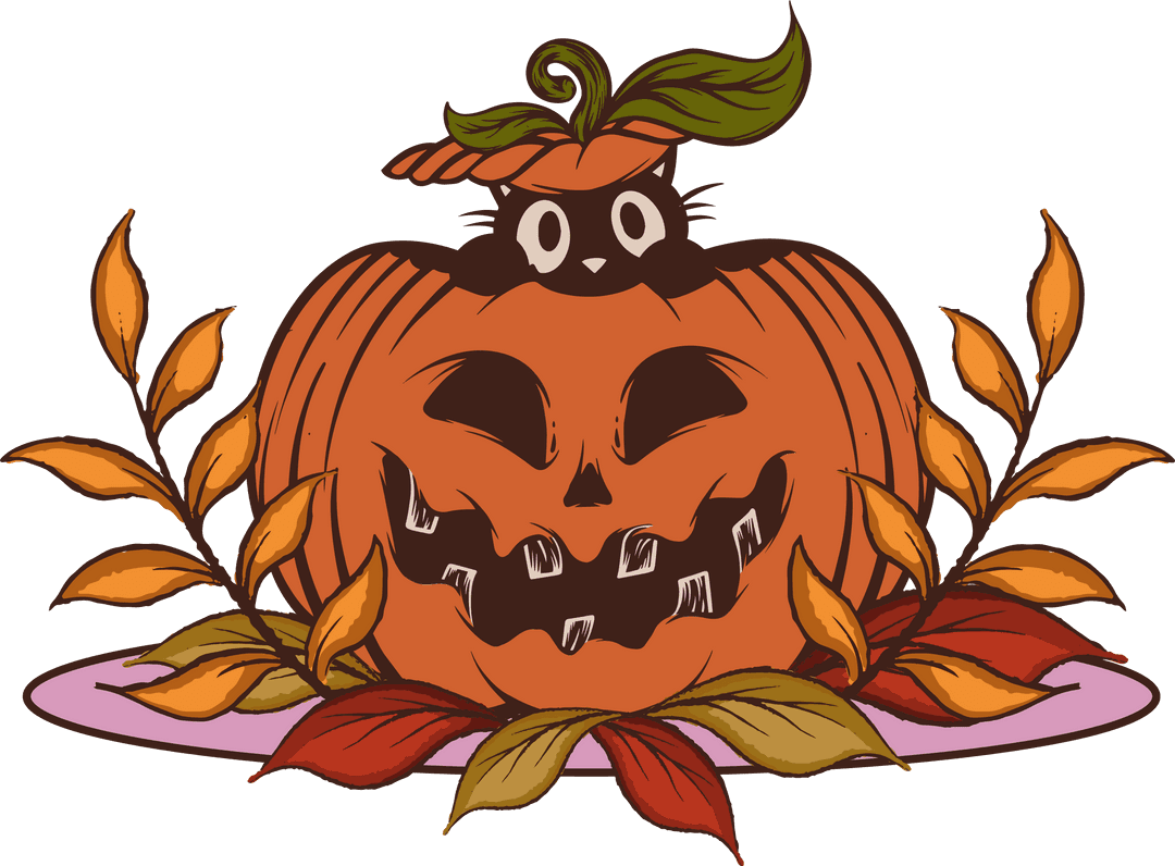 Transparent Halloween Jack-o'-lantern with Cat Inside and Autumn Leaves