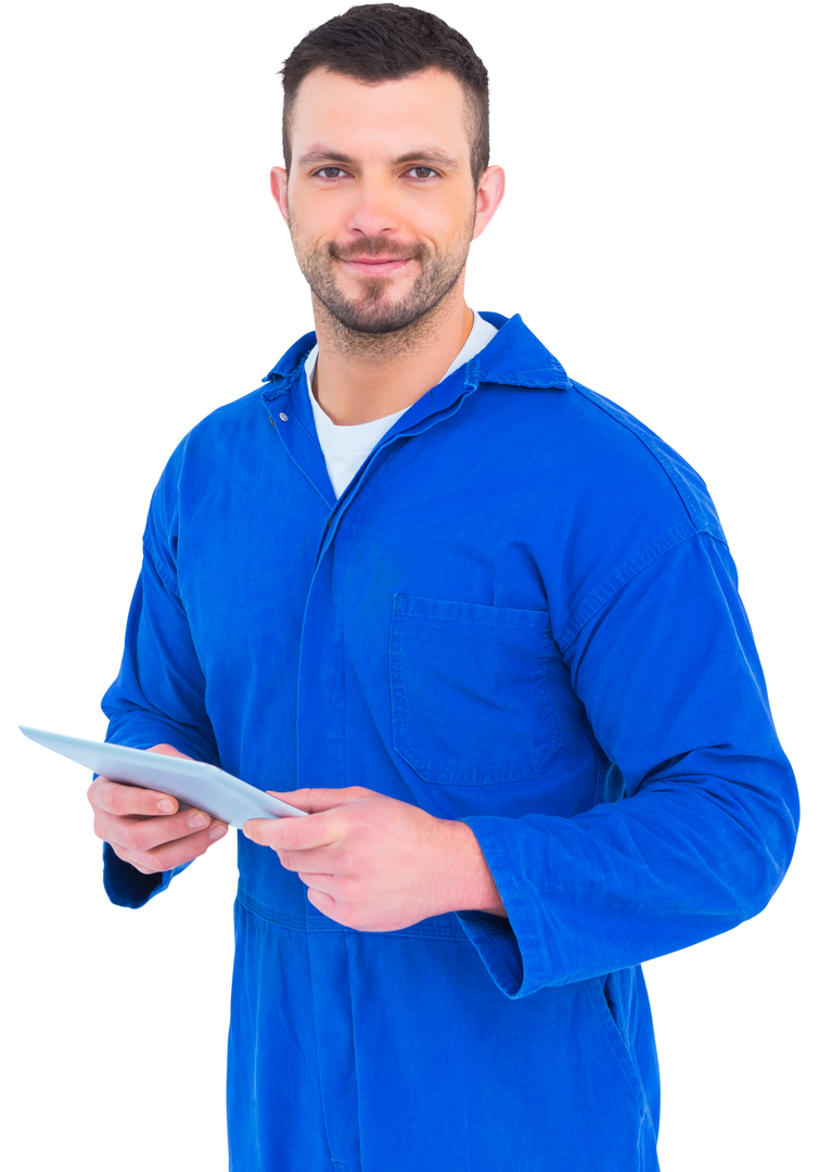 Happy mechanic in blue overalls pointing on transparent digital tablet - Download Free Stock Images Pikwizard.com