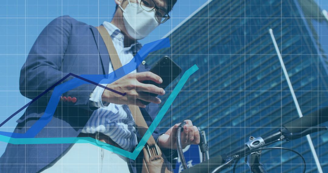 Businessman Analyzing Financial Data on Smartphone in Cityscape