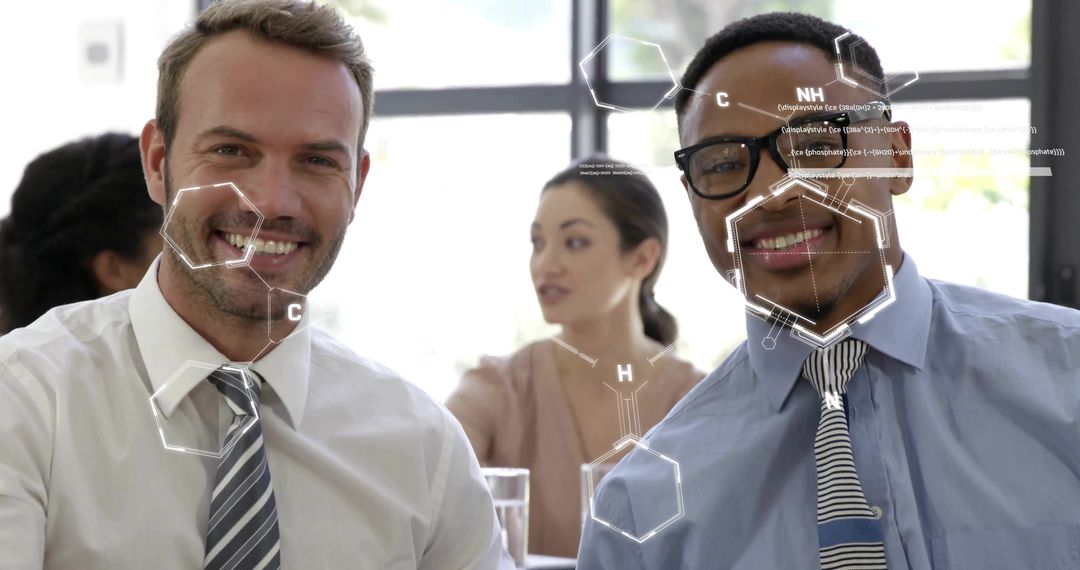 Colleagues smiling during meeting with molecular data overlays and teamwork visualization