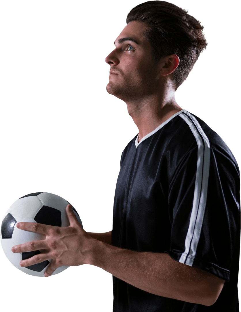 Thoughtful Soccer Player Holding Ball in Transparent Background