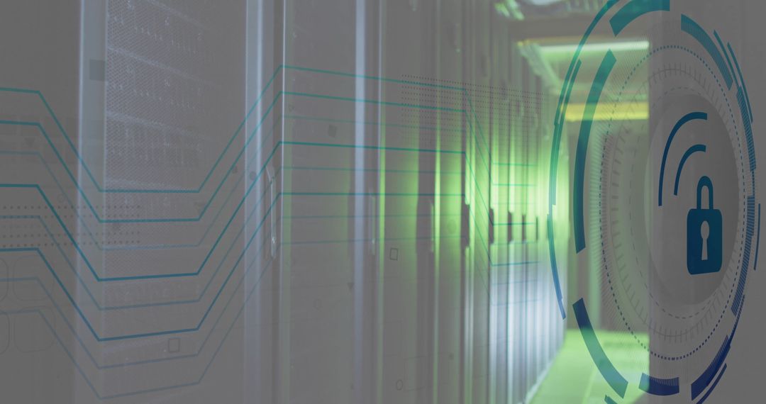 Cybersecurity Concept with Padlock Icon and Server Room