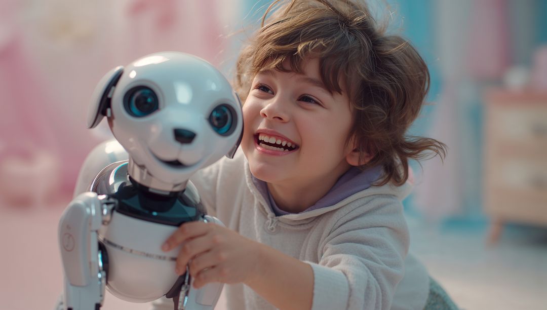 Joyful Child Interacting with Futuristic Robotic Dog in Playroom