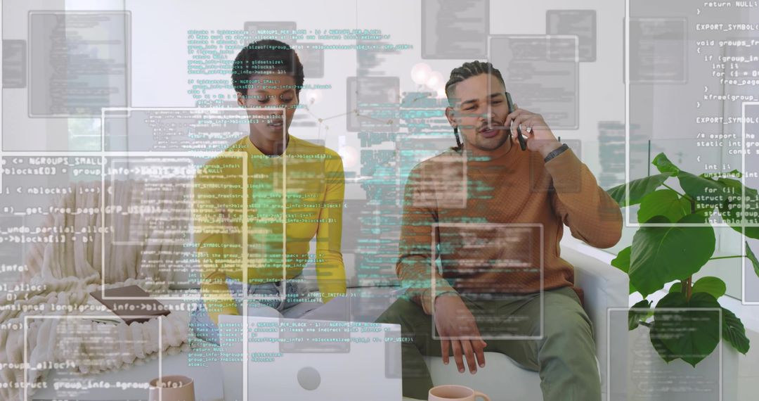 Remote coding collaboration duo working from living room with laptop, phone and code overlay