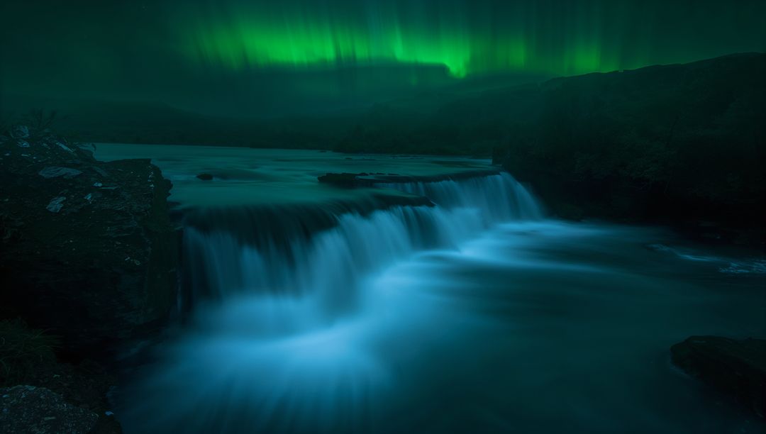 Waterfall cascading under aurora borealis shimmering over remote river canyon