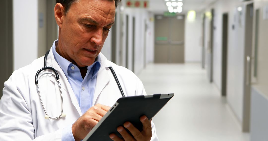 Doctor Using Tablet in Hospital Hallway for Medical Records - Free Images, Stock Photos and Pictures on Pikwizard.com