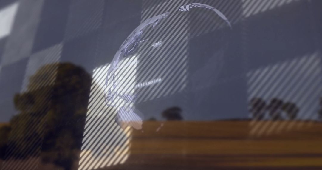 Digital Globe Projection on Office Window with Abstract Reflections