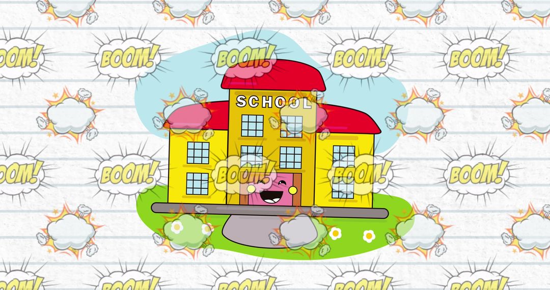 Colorful School Building Graphic with Boom Pattern Background