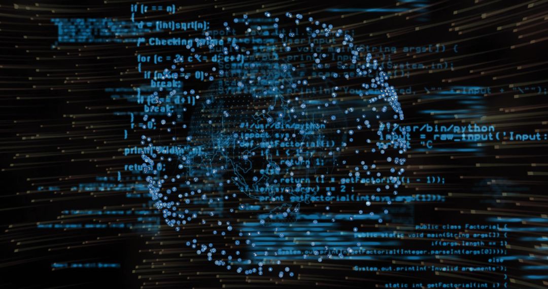 Pulsing blue data globe rotating with streaming source code and neon wireframe visual