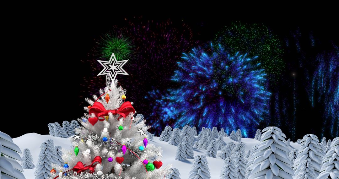 Festive White Christmas Tree with Night Fireworks Display