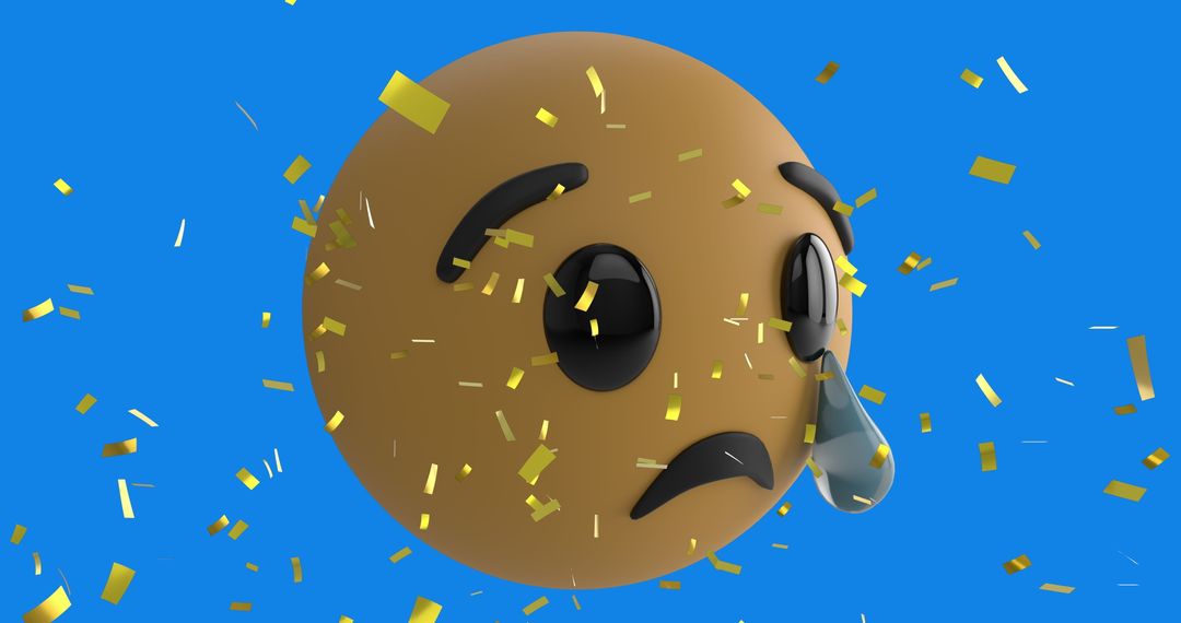 Sad Emoji with Falling Gold Confetti on Vibrant Blue