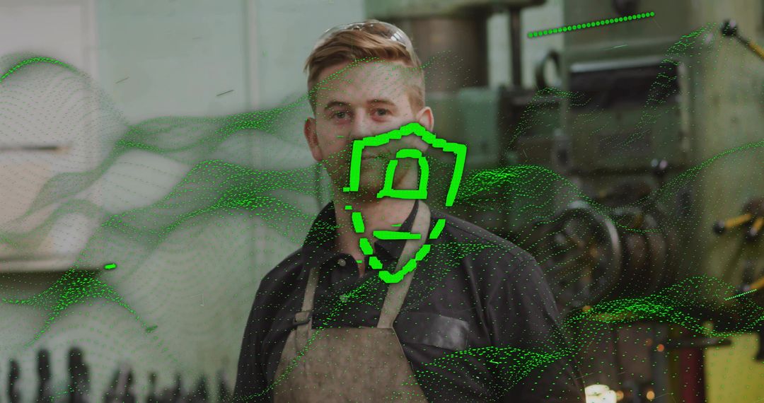 Machinist wearing leather apron in industrial workshop with green cyber overlay and shield