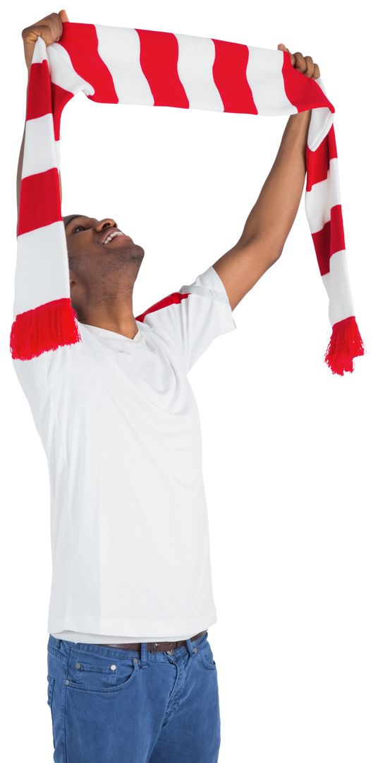 Happy Football Fan Waving Red and White Scarf PNG - Download Free Stock Images Pikwizard.com