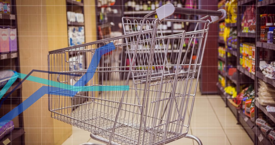 Empty Shopping Cart in Grocery Store Aisle