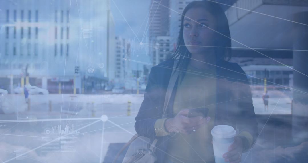 Businesswoman Engaging with Technology and Networking Visuals