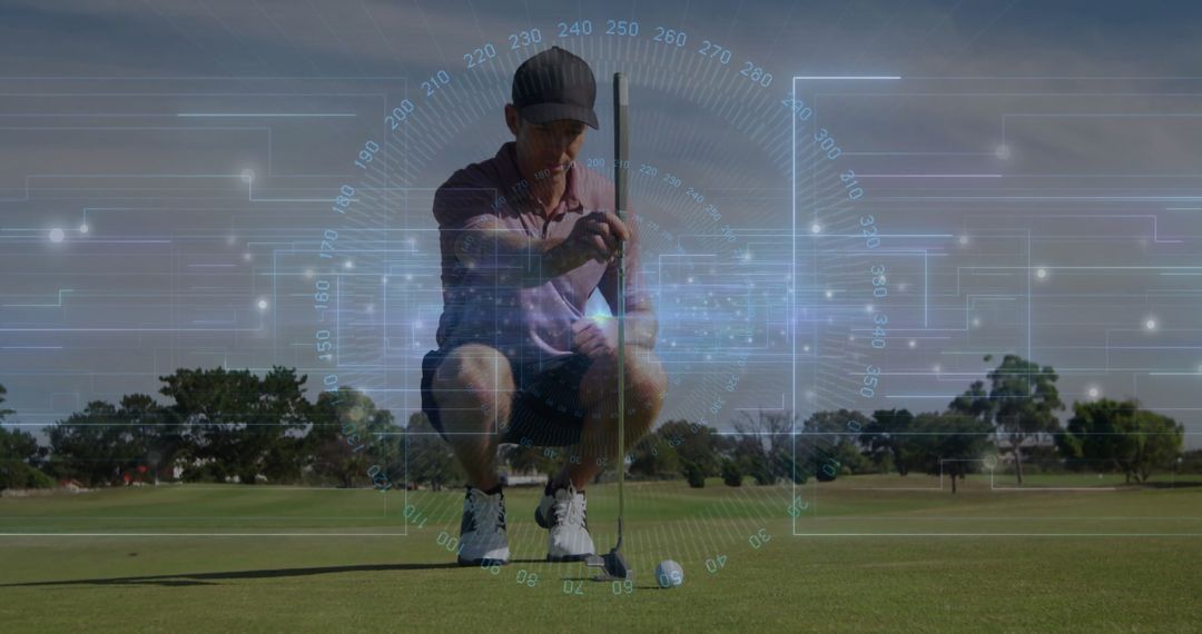 Golfer Aligning Putt with Futuristic HUD Interface on Green