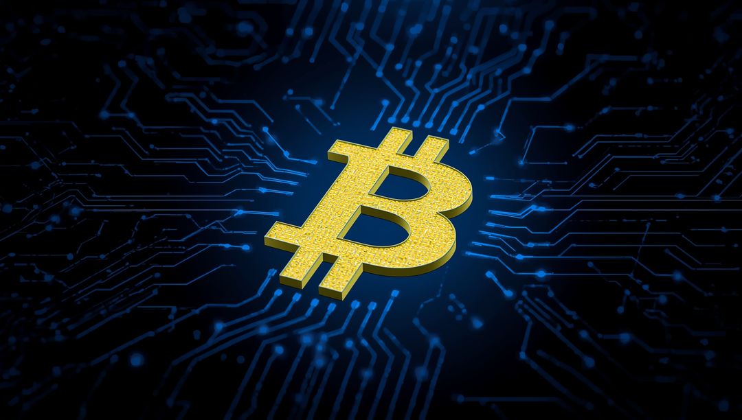 Floating Golden Bitcoin Logo Over Digital Circuit Landscape