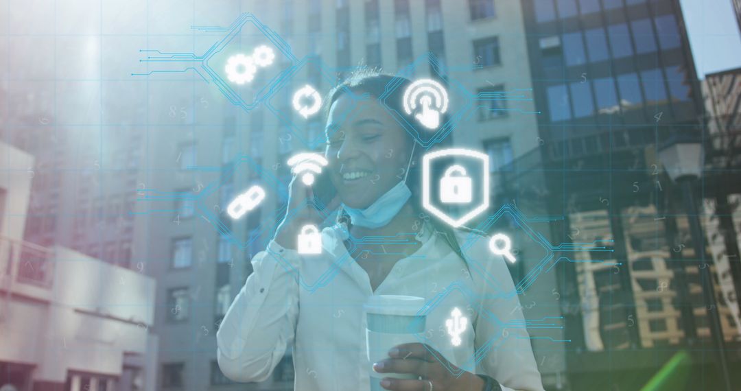 Smiling Woman Communicates via Phone with Futuristic Application Icons