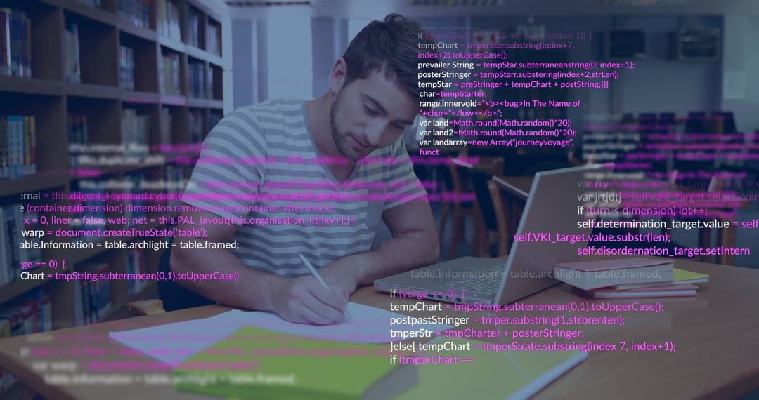Caucasian Male Student Analyzing Data with Laptop in Library