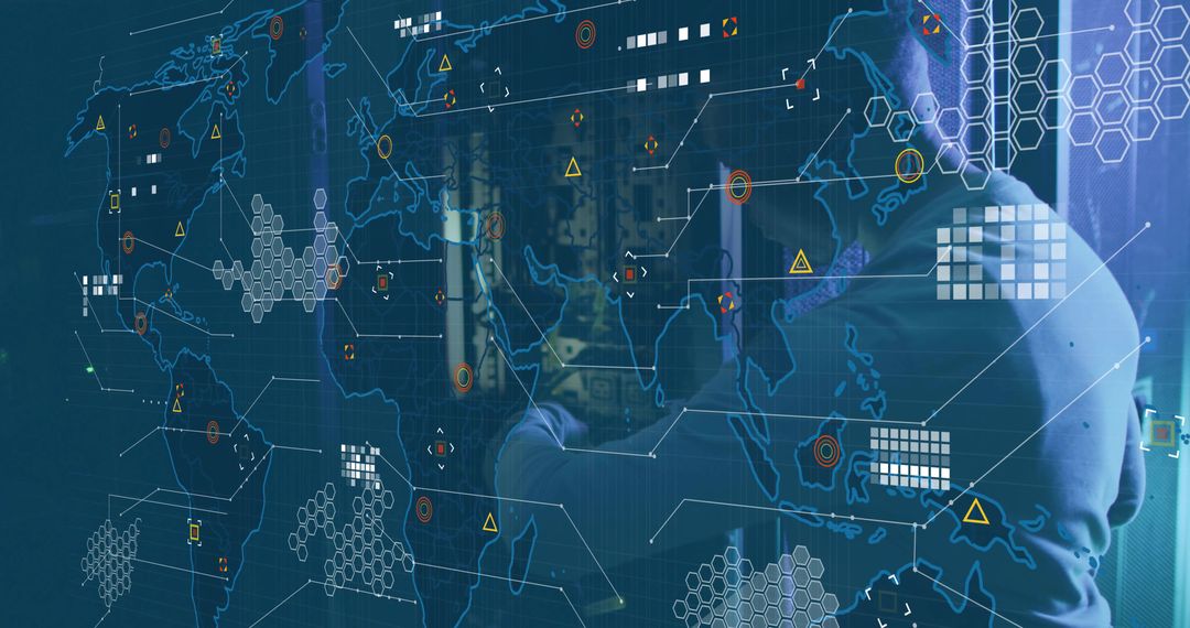 Technician Configuring Server with Futuristic Holographic Map Overlay