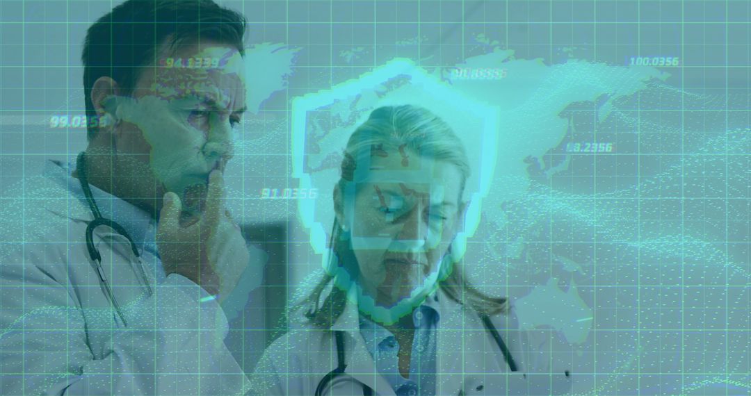 Doctors Reviewing Holographic Medical Data with World Map Overlay