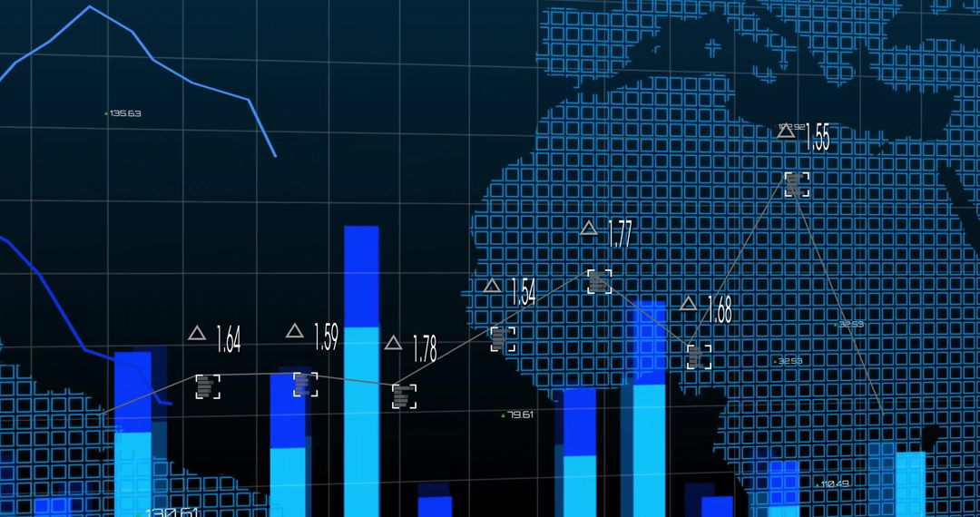 Digital Interface with World Map and Bar Charts on Dark Dashboard