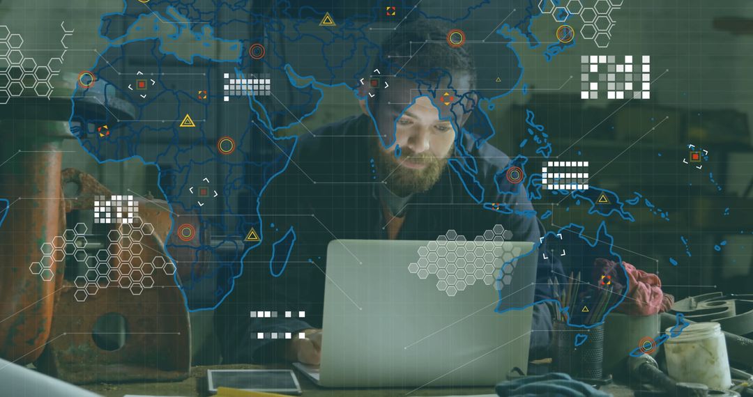 Man Analyzing Tech Data at Workshop Counter with Digital Overlay