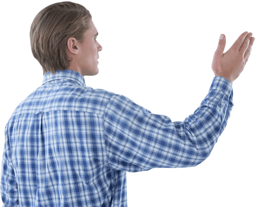 Businessman in Checkered Shirt Making Transparent Gesture