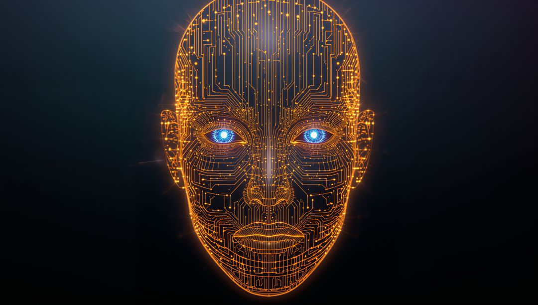 Glowing Cybernetic Face with Orange Circuit Traces and Blue Eyes for AI Tech
